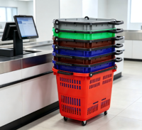 Panier de courses pour supermarché, en plastique, durable, grande capacité, coloré, 2 poignées, mobile avec roulettes