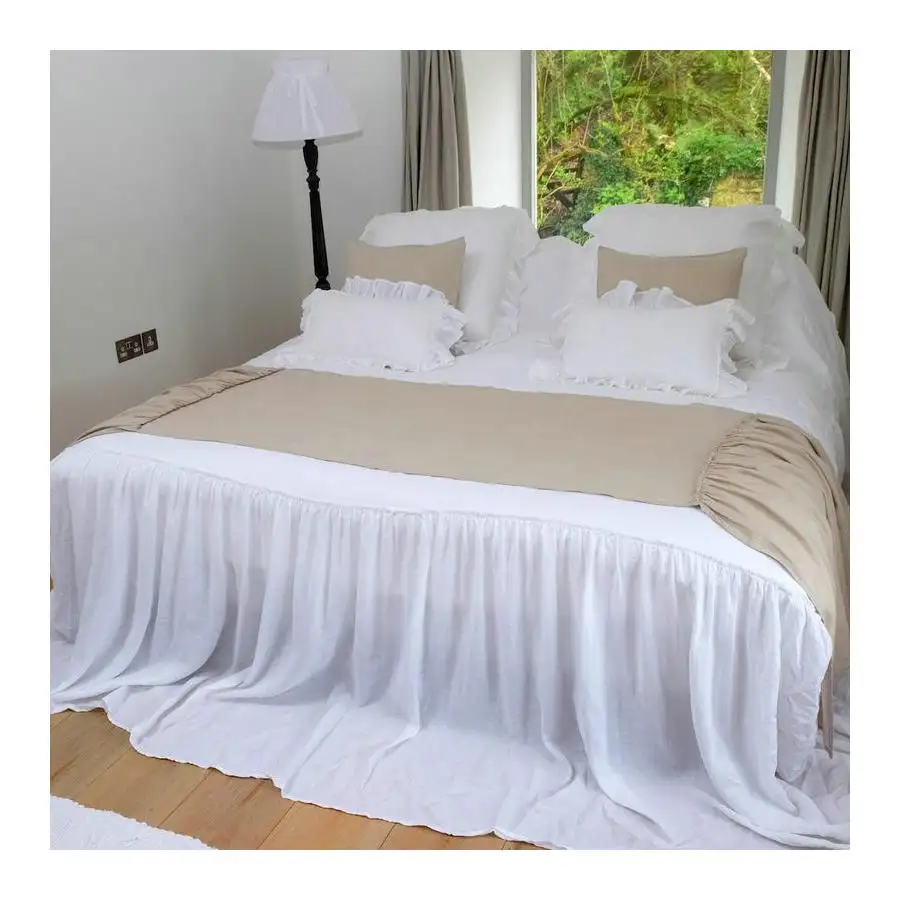 Support Samples Luxury Bed Scarf Ruffled Flax Pure Linen Bed Runner Linen Bedding