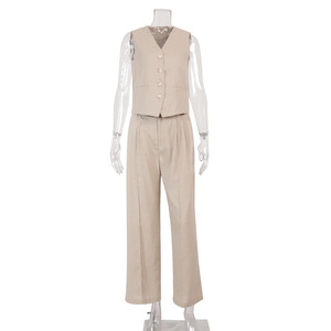 Ensemble de vêtements pour femmes en coton et lin mélangé, veste sans manches et <span class=keywords><strong>pantalon</strong></span> large, mode décontractée printemps-été, veste sans manches plissée, <span class=keywords><strong>pantalon</strong></span> taille basse - Product Image 5