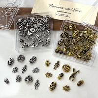 Boîte de breloques pour ongles en métal Halloween, crânes et squelettes vintage en alliage, strass 3D pour ongles, décorations gothiques punk en or et argent antique