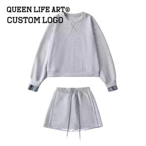 Conjunto de Sudadera con Capucha de Dos Piezas de Gran Tamaño para Mujer, Top Corto, Vestido Corto de Punto de Algodón y Licra, Estampado con Cremallera y Bordado, Y2K, a Medida, 1 Unidad - Product Image 4