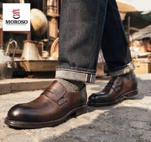 Zapatos <span class=keywords><strong>mocasines</strong></span> sin cordones de cuero de <span class=keywords><strong>caballo</strong></span> lavado con suela Goodyear personalizados para <span class=keywords><strong>hombre</strong></span>, teñidos con rodillo y teñido en tambor - Product Image 1