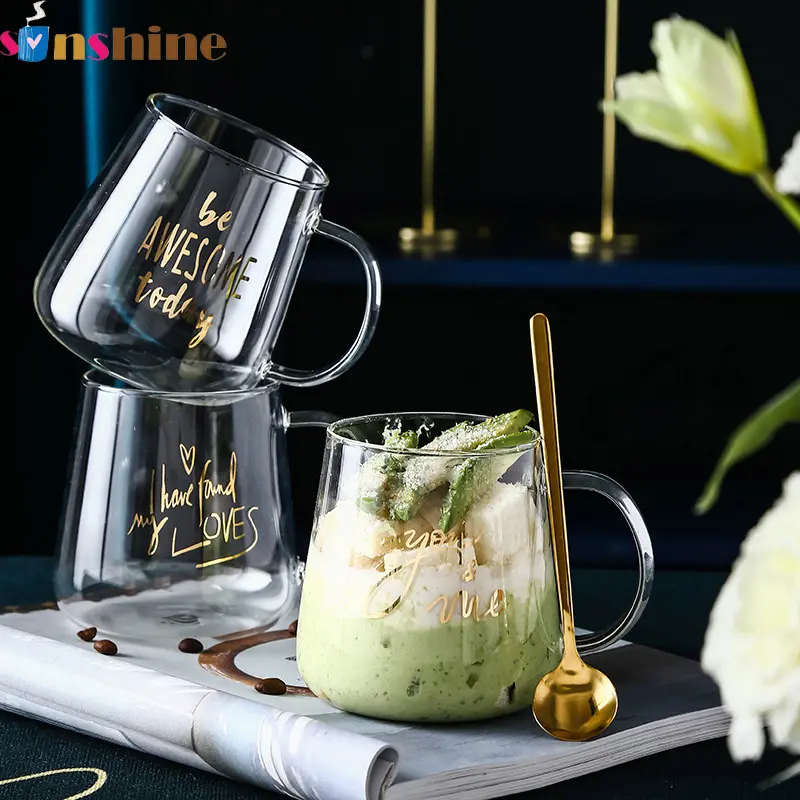Nordic Custom Logo borosilicate Golden gold Letter Printed Glass Mug Milk Tea Coffee Cup With Spoon and Handle