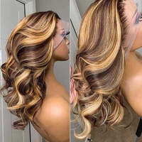 Perruque en cheveux humains abordable, ombrée marron, sans colle, avec dentelle frontale HD pré-épilée, blond miel, pour femmes noires