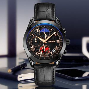 Montres-bracelets pour hommes de luxe Skmei 9236 étanches avec phase lunaire, bracelet en cuir, avec chronomètre - Product Image 4