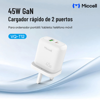 Chargeur rapide compact Miccell 45W GaN avec ports USB-C et USB-A pour ordinateur portable, téléphone et voyageurs