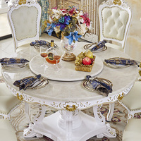 Ensemble table et chaises de salle à manger 6 places de style européen moderne, en bois massif sculpté, plateau tournant en marbre, pour hôtels et petits appartements