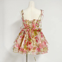 Robe Courte Vintage Décontractée en Mousseline de Soie pour Femme, Style Princesse, à Bretelles Fines, Imprimé Nœud, Sans Manches, avec Lacets, Collection Été, Vente en Gros pour Boutiques