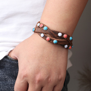 Genuine <b>Leather</b> Cuff <b>Bracelet</b> With Turquoise Inlay Brown Women's Jewelry Gift Geometric Pattern Bezel Setting QNW2709 - Product Image 2