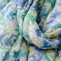 Hijab katun motif bunga hijau biru, ringan, lembut, syal pantai, selendang katun voile bermotif bunga dengan rumbai