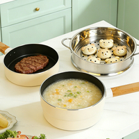 Ensemble de casseroles antiadhésives avec cuiseur vapeur 18 cm, fond en aluminium pour induction, poignée en bois, couleur crème, pour cuisinière à gaz