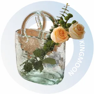 Vase Centerpiece Home Decoration Hand Blown Glass with Unique Design, Clear Glass with Handles in Purse Shape for Decor, Glass