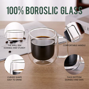 كوب قهوة زجاجي بجدار مزدوج ومقبض، مصنوع من زجاج البوروسيليكات الشفاف عالي الجودة وبتصميم عصري وسعات متعددة - Product Image 4