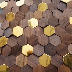 Décoration murale en noyer noir, panneau en bois massif, mosaïque en noyer foncé, accent métallique - Product Image 1