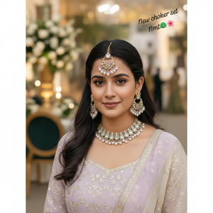 Ethnic <b>Gold</b>-Plated High Quality Latest Designed Bridal Wedding Choker Necklace <b>Set</b> Earrings/Tikka Green Enamel Zircon Party - Product Image 3