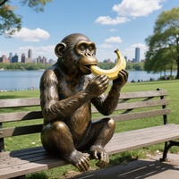 Parc de la ville en plein air personnalisé décor au bord du lac moderne grande coulée en Bronze taille réelle Squat banc mange banane singe Sculpture en Bronze