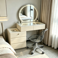 En gros Coiffeuse de chambre contemporaine avec miroir rond à éclairage LED, meuble de rangement multi-tiroirs, chaise de maquillage à roulettes transparentes
