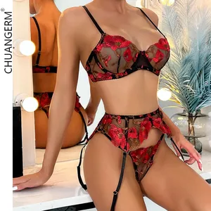 CHUANGERM OEM 2024 Vente à Chaud Lingerie Femmes Saint Valentin Brodé Fleur Rouge 3 PCS Ensembles De Lingerie