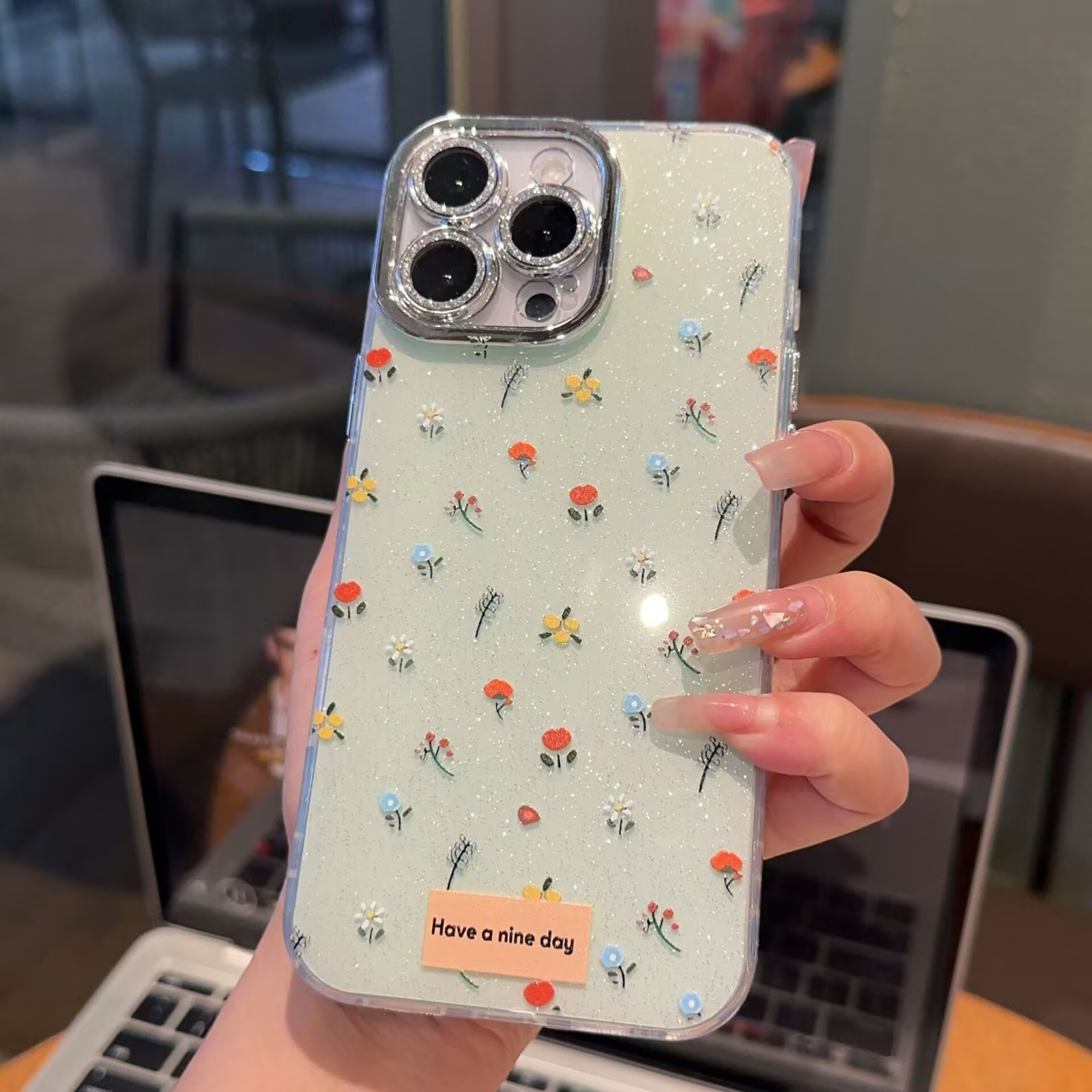 Blue Small Floral Glitter Lens