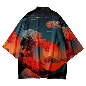 Kimono traditionnel pour hommes et femmes, <span class=keywords><strong>Yukata</strong></span>, imprimé vagues de Kanagawa et soleil rouge, cardigan japonais, cosplay, Haori, vêtements de samouraï, cape - Product Image 4