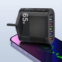Cargador Rápido de 65W con 5 Puertos USB Tipo C, Enchufe para EE. UU., UE y Reino Unido, Cargador de Teléfono Inteligente con Protección de Sobrecarga para Samsung, iPhone y Google