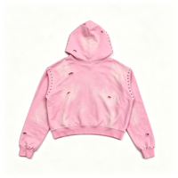 Sweat à capuche rose délavé personnalisé pour homme, avec fermeture éclair, rivets, effet usé et découpes, coupe courte, faible MOQ, marque privée, style streetwear