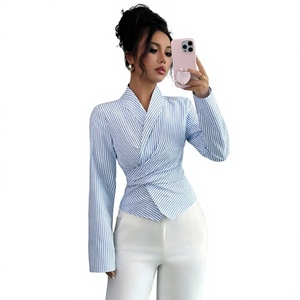 Chemisier Cache-Cœur Rayé Bleu et Blanc pour Femme, Manches Longues, Col Chemise, Élégant pour le Bureau, Coupe Classique, Tissu Popeline, Manches Entières - Product Image 3