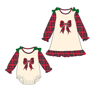 Vestido Romper Navideño a Cuadros Rojos con Lazo Personalizado para Niñas, Boutique Trendyism, Spandex/Algodón Orgánico Suave, Ropa Navideña al por Mayor - Product Image 3