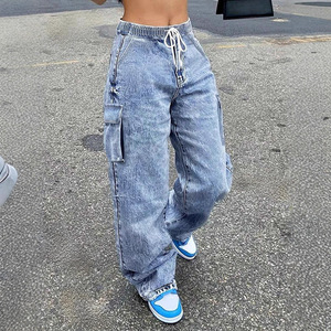 High Quality <strong>Women</strong> Casual Mid-Rise Workwear <strong>Jeans</strong> Stretch <strong>Waist</strong> Pockets Light Washed Loose Street Style Wide-Leg Denim Quick Dry - Product Image 5