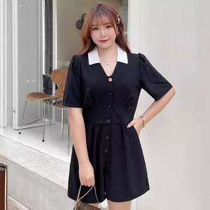 Lingchen Mono negro de manga corta para mujer, cintura alta, cuello en V, uso diario N8092 - Product Image 5