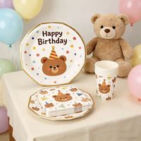 Ensemble de vaisselle pour fête d'anniversaire Lanweier, motif ours, assiettes en papier, ensemble de fête d'anniversaire pour enfants, thème de dessin animé mignon