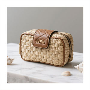 Bolsa de Aseo <span class=keywords><strong>ISEN</strong></span> Personalizada con Logotipo Estilo Natural de Paja para Maquillaje, Neceser Cosmético con Cremallera para Productos de Belleza y Cuidado de la Piel - Product Image 3