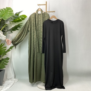 <b>Feather</b> <b>Cuff</b> & Printed Abaya Set on Sale - Elegant Satin Kimono Abaya with Inner Dress Outfit (1950+6435) - Product Image 2