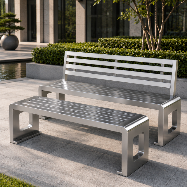 Full  Brushed Stainless Steel Park Bench with Backrest, All Metal Slat Outdoor Public Leisure Bench for Commercial Plaza