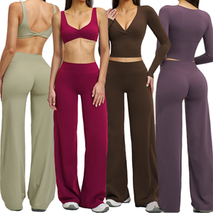 <b>Padded</b> Long Sleeve Deep V <b>Neck</b> Yoga Bra Set Elastic Waist Scrunch Front Twist Back Wide Leg Pants Quick Dry Women 3-Piece - Product Image 1