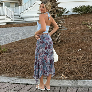 Falda midi de punto ajustada con estampado floral, corte bajo, dobladillo asimétrico, estilo Y2K vintage, malla irregular, para mujer, estilo streetwear americano. - Product Image 2