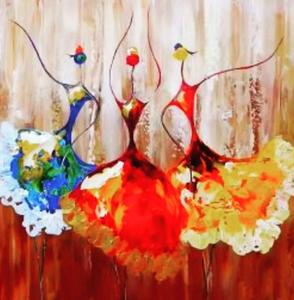 Cuadro Abstracto Pintado a Mano sobre Lienzo, Danza de los Amarillos, con Tres Bailarines Coloridos en Vestidos Vibrantes, Técnica Acrílica - Product Image 1