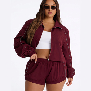 Wholesale Women’s Burgundy Two Piece Windbreaker Set with Full <b>Zip</b> Athletic Jacket and Matching High Waist <b>Shorts</b> Reflective Set - Product Image 1