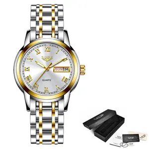 李哥10007美丽银色女士石英表可爱不锈钢表带防水周展示休闲手表套装