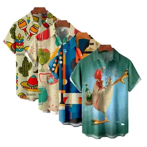 Oem Custom Fun Haan Cartoon Korte Mouw Heren Hawaiian Shirt Plus Size Casual Pocket Camp Shirts Voor Heren