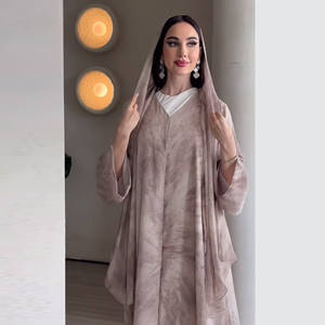 2025 Dubai Großhandel Aquarell Vorne Offene Abaya Züchtige Kleider Sommer Tie-Dye Druck Chiffon Damen Abaya mit Passendem Schal - Product Image 3