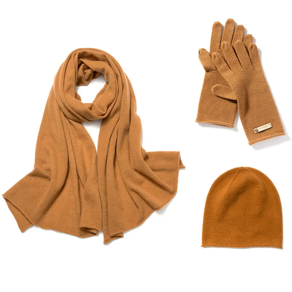 OEM Wholesale Women Elegant Casual Warm Cashmere Scarf Hat Gloves 3 Pieces Set Logo Custom Wool Scarfs Hat Set For Autumn Winter