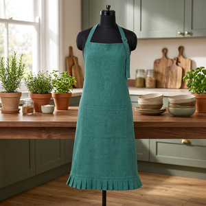 Tablier en lin de qualité supérieure |   Tablier en lin vert sarcelle avec ourlet plissé à volants et poche avant |   Tablier de cuisine réglable - Product Image 4