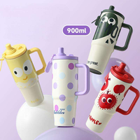 Bouteille d'eau isotherme portable en acier inoxydable 316 de 900 ml avec double paille et poignée, motif dessin animé