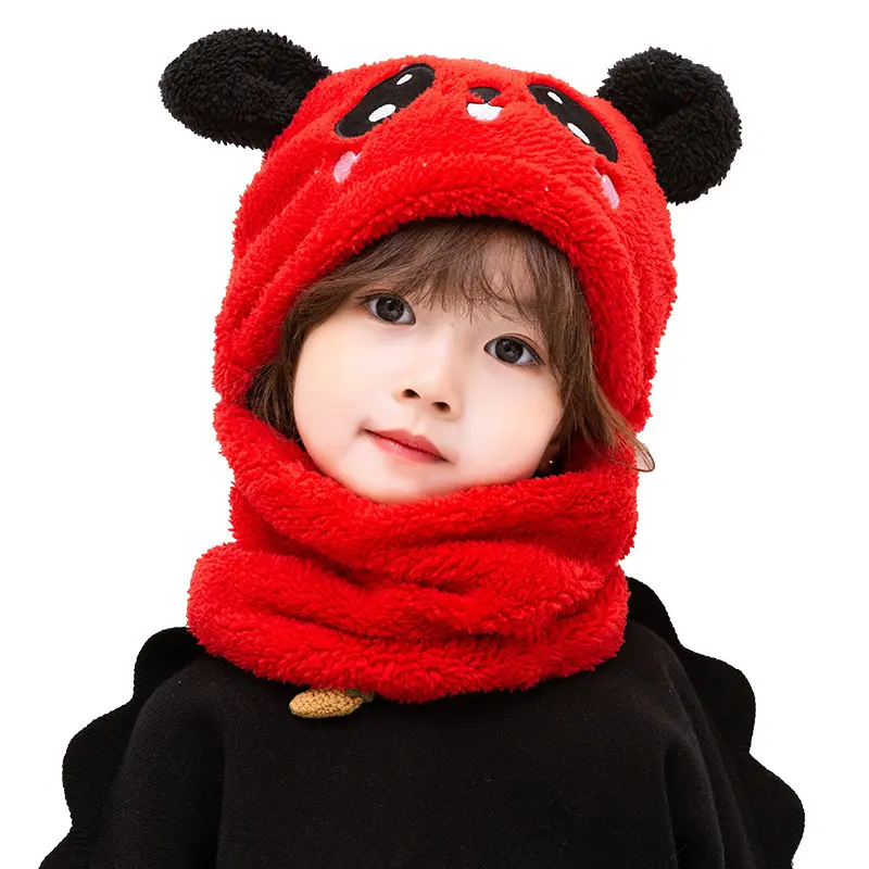 귀여운 팬더 귀 만화 모자와 스카프 정장 겨울 성인 어린이 플러시 목 따뜻한 비니 모자 세트