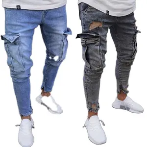 Hot Sale New Fashion Skynny Stretch Denim Trendi Lutut Lubang Ritsleting Langit Biru Jeans Celana untuk Pria