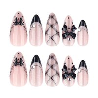Faux ongles à presser en amande, style français, avec nœud et strass brillants, motifs floraux et pois