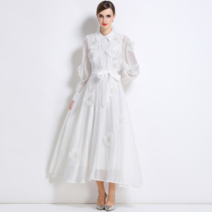 Vestido Camisero de Manga Larga <span class=keywords><strong>con</strong></span> Estampado Floral Blanco para Mujer, <span class=keywords><strong>con</strong></span> Cinturón, <span class=keywords><strong>Falda</strong></span> Larga Elegante en Línea A, Adecuado para Ocasiones Formales - Product Image 1