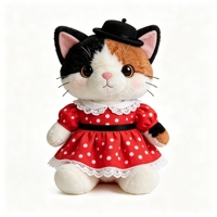 Peluche chat calico mignon, poupée chat en peluche kawaii avec mini chapeau noir, robe à pois rouges et dentelle, en coton PP doux