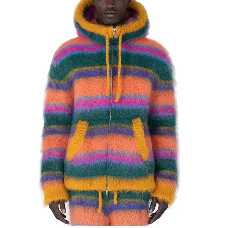 2023 Custom OEM & ODM Mohair Men Sweater Fuzzy Long Sleeve Knitwear Winter Striped Zip-up Hooded Knitted Men Cardigan Sweater